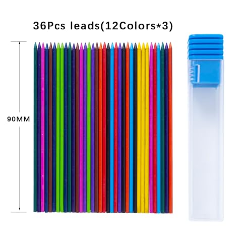 3PCS Mechanical Pencil Set 2.0mm 2B Refillable Auto Pencils Built-in Sharpener 1 Box (36 Color Leads) 1 Eraser Smooth Writing & Drawing Tools for Artists, Office & School Supplies Sketching Drawing