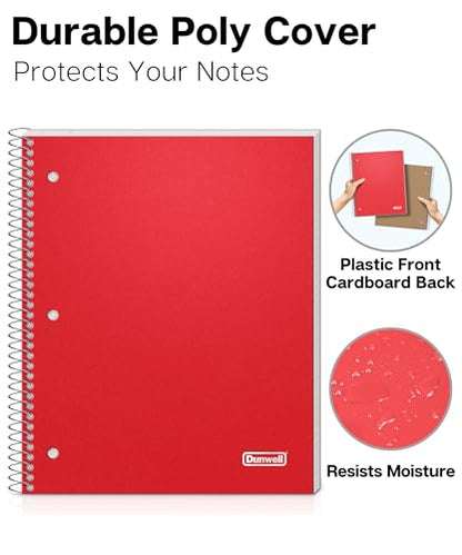 Dunwell 3 Subject Notebook College Ruled (Red), 150 Sheets (300 Pages), Spiral Notebook 8.5 x 11, Plastic Cover, 3 Pocket Divider Folders, 3-Hole Punched Perforated Paper - color: Red