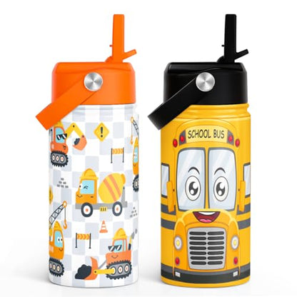 Kid Water Bottle 12oz with Straw Lid - 2-Pack Insulated Stainless Steel Water Bottles for Kids Boys- Travel Cup for Back to School Sports Christmas Birthday (Construction & School Bus) - color: Construction + School Bus