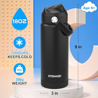Kids Water Bottle with Straw,18 oz Boys Insulated Cups with Stainless Steel Leak Proof for School Boys Girls,Sport&Travel（Black） - color: B11.Black