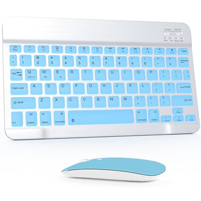 Bluetooth Keyboard and Mouse Combo, Qwert Layout Universal Ultra-Slim Wireless Keyboard Mouse Set for Android Windows iPad iPhone Samsung Tablet Portable Compact Keyboard Set, Light Blue - color: Blue