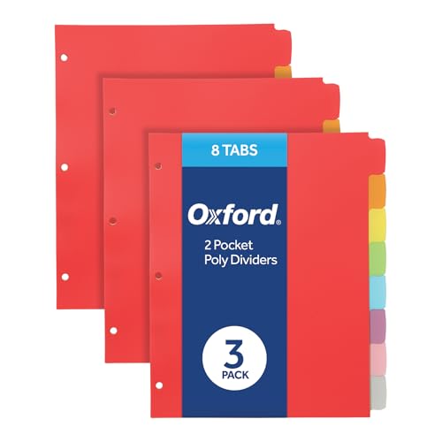Oxford Poly Binder Dividers, 3 Hole Punch Organizers, Assorted Colors, 8 Tab Write and Erase Organizers, Durable Plastic Dividers for 3 Ring Binder, Pack of 3 Index Dividers (89994)