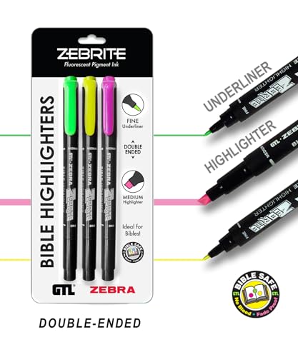 G.T. Luscombe Company, Inc. Zebrite Double Ended Bible Highlighter Set | No Bleed Pigmented Ink | No Fading or Smearing | Double Ended for Highlighting & Underlining | Green, Yellow, Pink (Set of 3) - size: 1 Count (Pack of 3)