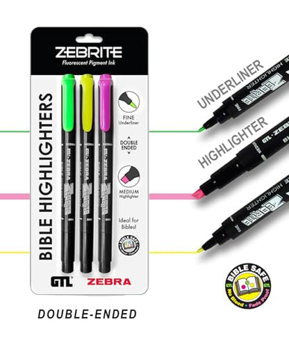 G.T. Luscombe Company, Inc. Zebrite Double Ended Bible Highlighter Set | No Bleed Pigmented Ink | No Fading or Smearing | Double Ended for Highlighting & Underlining | Green, Yellow, Pink (Set of 3) - size: 1 Count (Pack of 3)
