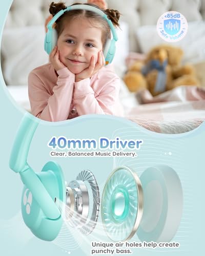 awatrue Kids Bluetooth Headphones, 85dB Volume Limiter, Foldable Wireless Over-Ear Headphones for iPad, Travel, 75H Playtime, Bluetooth 5.4, Built-in Mic, Green - color: Green