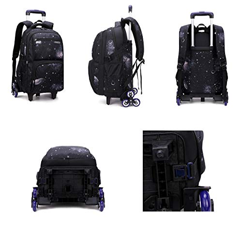 VIDOSCLA Elementary Galaxy Teens Rolling Backpack Kids Boys Luggage with Wheels Trolly BookBag for School-6 Wheels - color: Black Blue-3pcs 6 Wheels, style: 6 Wheels 3pcs