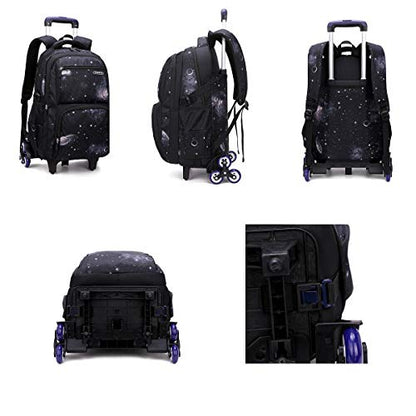 VIDOSCLA Elementary Galaxy Teens Rolling Backpack Kids Boys Luggage with Wheels Trolly BookBag for School-6 Wheels - color: Black-6 Wheels, style: 6 Wheels