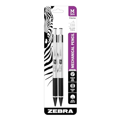 Zebra Pen, STEEL M-301 Mechanical Pencils, 0.5mm Fine Point, Refillable Lead, Stainless Steel Barrel, Built-in Eraser, Durable Clip, Lightweight Precision Pencil for School, Office, 2-Pack (54012) - size: 1 Count (Pack of 2)