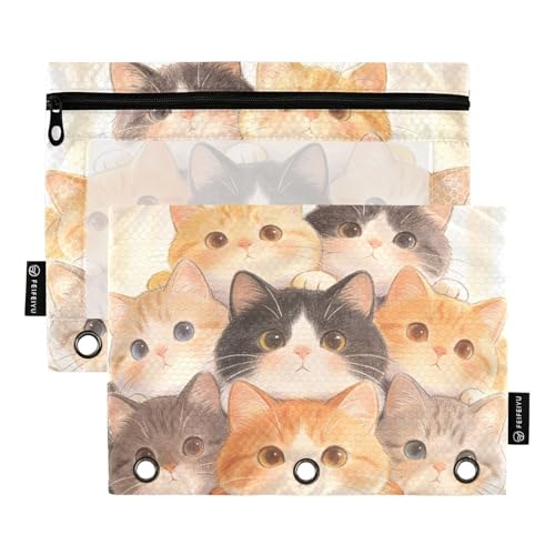 Cute Cats Pencil Pouches for 3 Ring Binder, Zipper Binder Pencil Case, 2 Pack Clear Window Case Bag for Office Organizers - color: Cute Cats