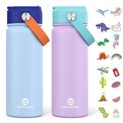 GoKEDA 18oz Kids Water Bottle, 2 Pack Stainless Steel Straw Cup | DIY Stickers, BPA-Free, 316 Stainless Steel, Keeps Cold 24h, Leak-proof, Dust-Proof Lid, Sturdy, School, Gifts - color: Light Blue+Purple