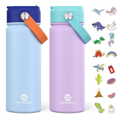 GoKEDA 18oz Kids Water Bottle, 2 Pack Stainless Steel Straw Cup | DIY Stickers, BPA-Free, 316 Stainless Steel, Keeps Cold 24h, Leak-proof, Dust-Proof Lid, Sturdy, School, Gifts - color: Light Blue+Purple