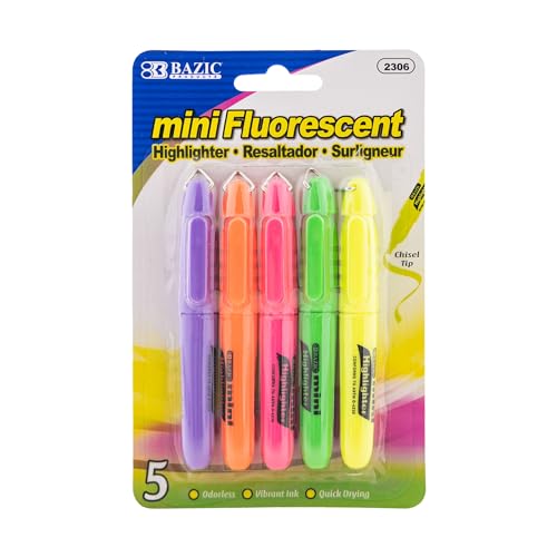 BAZIC PRODUCTS Mini Highlighters, Fluorescent, Chisel Tip, 5 Ct, 144-Case | Quick-dry, assorted fluorescent mini highlighters, compact, cap clip, non-toxic, ASTM D-4236, odorless - color: Asst Colors, size: 144-Pack