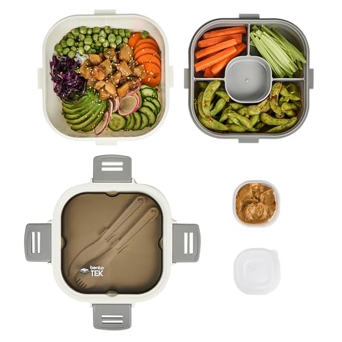 Restaurantware-Bento Tek 57.5 Ounce Bento Box, 1 Reusable Lunch Container - With Fork And Knife, Does Not Contain BPA, White And Gray Plastic Reusable Lunch Box, Microwavable, Dishwashable - size: 1 Count, style: 58 oz - White
