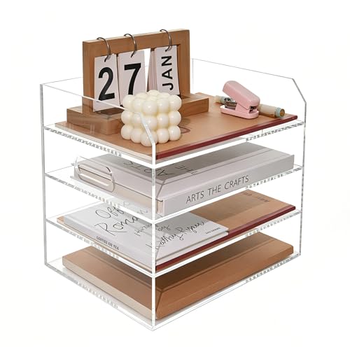 Paper Tray Organizer for Desk, 4 Tier Acrylic Desk Organizers and Accessories, One-Piece Integrated A4 Paper Organizer with Handles, Crystal-Clear Letter Tray & Office File Holder, Books Notes - size: 4-Tier-Horizontal