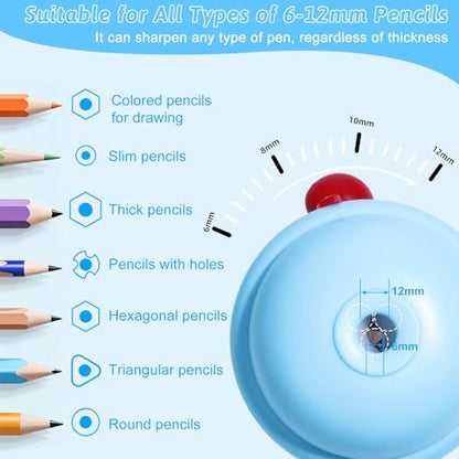 Rechargeable Electric Pencil Sharpener, 6-12mm Auto in & Out Fully Automatic Pencil Sharpener for Kids, Large Capacity Battery Powered, with Cartoon Stickers Ideal for Classroom & Home (Blue-White) - color: Blue-white