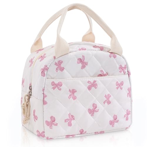 Lunch Bag for Women Insulated Cotton Quilted Lunch Box Reusable Cooler Bag Portable Cute Floral Leakproof Tote Bags for Travel, Work, and Picnic, Pink Bow - color: Pink Bow, size: M