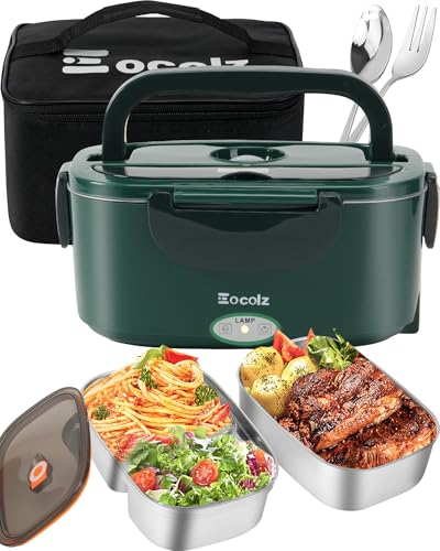 Eocolz Electric Lunch Box Food Heater 80W for Adults, Portable Food Warmer Heated Lunch Box for Car Truck Work with 1.5L Stainless Steel Container Fork & Spoon 12/24/110V Lonchera Eléctrica Portátil - color: Dark Green