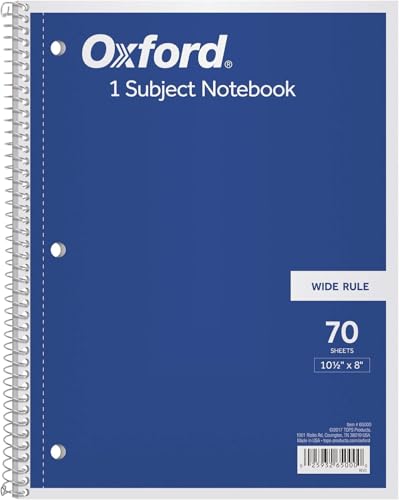 Oxford 1-Subject Spiral Notebook, Wide Rule, 8 x 10.5 Inch, Bright White Paper, 70 Sheets per Book, Cover Color May Vary, One Notebook (65000) - style: 70 Sheets (Wide Rule)