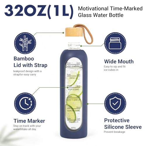 32 OZ Glass Water Bottles, Borosilicate Glass Bottle with Time Marker, 1 Liter Leak Proof Reusable BPA Free Motivational Water Bottles with Silicone Sleeve and Bamboo Lid (Blue) - color: Blue