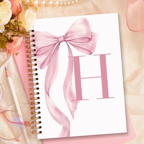 JXREQ Coquette Pink Bow Personalized Notebook, Initial Letter H Monogram Journal, Preppy Girly Ribbon Bow Journal, Monogrammed Gifts for Women, Aesthetic Spiral Notebook 5.5x8.3 - color: Hpink