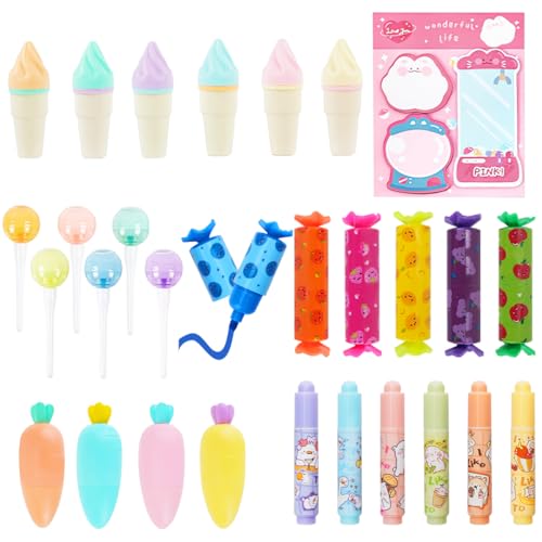28Pcs Mini Highlighter, Candy Pastel Fun Highlighter with Sticky Notes | Used for Writing, Drawing, Diary Writing, PP and ABS Materials,