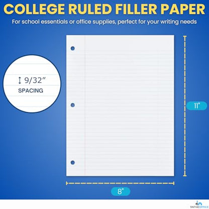 1InTheOffice Loose Leaf Paper College Ruled, Filler Paper, Notebook Paper College Ruled, 8" x 11", 3-Hole Punched, 400 Sheets