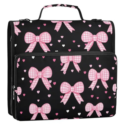 3 Ring Zipper Binder with Shoulder Strap Pink Bow Heart 2 Inch Zippered Binder Bag 500 Sheet Capacity Multi Pockets for School Supplies - color: Multi25