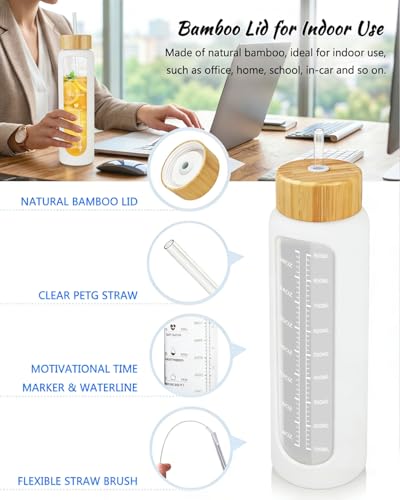 Nefeeko 32 oz Glass Water Bottles with Straw, Motivational Glass Water Bottle with Time Marker, 1 Liter BPA FREE Leakproof Reusable Glass Water Bottle with Silicone Sleeve, Bamboo Lid, Spout Lid - color: White