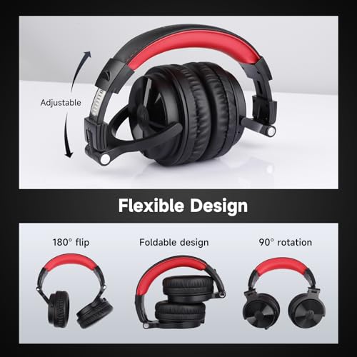 OneOdio Bluetooth Over Ear Headphones, 110 Hrs Wireless/Wired Stereo Sound Foldable Headsets with Deep Bass 50mm Neodymium Drivers for PC/Phone/Tablet - Studio Wireless Pro C, Red - color: Red