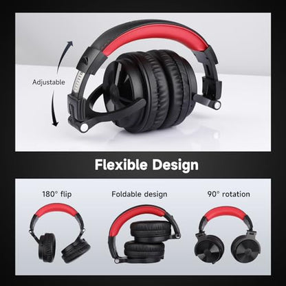OneOdio Bluetooth Over Ear Headphones, 110 Hrs Wireless/Wired Stereo Sound Foldable Headsets with Deep Bass 50mm Neodymium Drivers for PC/Phone/Tablet - Studio Wireless Pro C, Red - color: Red