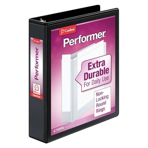 Cardinal 3 Ring Binder, Durable 1.5 Inch Performer ClearVue Binder, Round Rings, 350-Sheet Capacity, Customizable ClearVue Covers, PVC-Free, Black (67325) - color: Black, size: 1.5-Inch