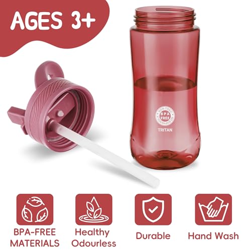 14oz Clear Kids Water Bottle with Straw Lid, BPA-Free Tritan, Measurement Scale, Sturdy Handle Wide Mouth Leak-proof Reusable Plastic Bottle for Boy& Girls, Back to School(Red) - color: Red