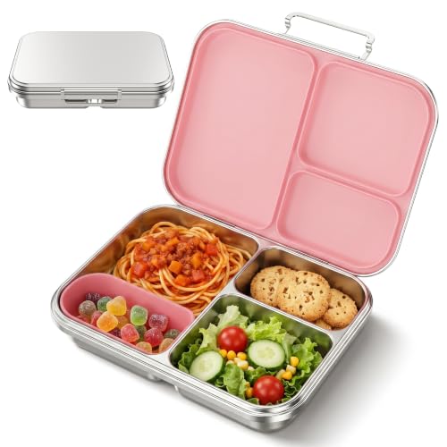 Pawtong Stainless Steel Bento Box for Kids and Adults, 3 Compartment Leakproof Lunch Box with Removable Silicone Seal and Silicone Contianer, Metal Lunch Container for School, Work and Travel (Pink) - color: Pink