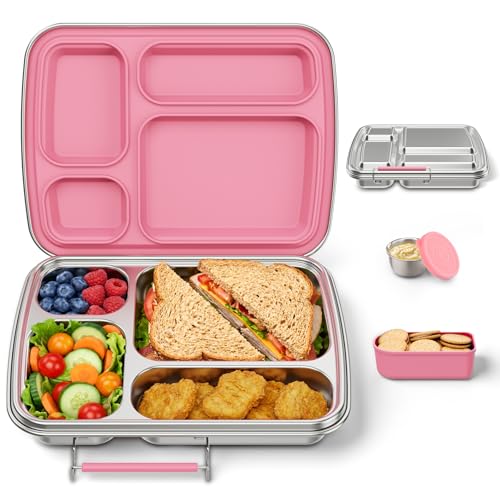 Stainless Steel Bento Box for Kids, Kids Lunch Box with 4-Compartment, Metal Lunch Box with Silicone Container & Sauce Cup, Durable Lunch Box Containers for School and Office (Pink) - color: Pink