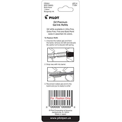 Pilot, G2 Gel Ink Refills, Bold Point 1 mm, Burgundy, Pack of 2