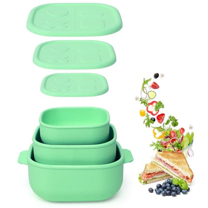 Silicone Bento Box ｜Food Grade & Leakproof Lunch Box Bento with Lids ｜3-Piece Space-Saving Nesting Kit Food Storage Containers Set (Green) - color: Green