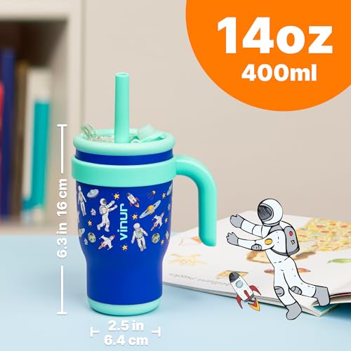 VINUR Kids Tumbler with Handle 14 oz Stainless Steel Double Wall Vacuum Insulated Tumbler with Lid and Straw, Leak Proof Water Cup for Travel (Astronaut) - color: Astronaut, size: 14 Ounces