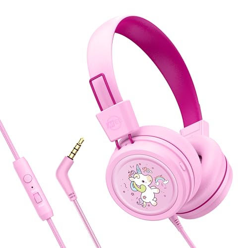 MEE audio KidJamz KJ55 Wired Children’s Headphones with 3.5mm Plug, Colorful Graphics, Volume Limiter & Microphone, Adjustable On-Ear Kids Headset for Online Learning/School/Travel/Tablet (Pink) - color: Pink, style: Standard
