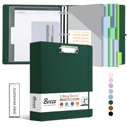 3 Ring Binder with Clipboard,2 Inch Binders with Notepad&5 Dividers with Pockets, Labels,PU Clipboards for School Office(Green,Letter Size) - color: Green, size: Letter Size -2 Inch
