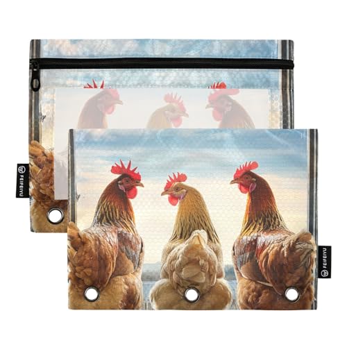 MCHIVER Farmhouse Chickens Pencil Pouch for 3 Ring Binder Pencil Pouches with Zippers Clear Window Binder Pockets Pencil Bags for Adults Work Daily Office 2 Packs - color: Farmhouse Chickens