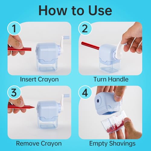 Crayon Sharpener Compatible with Crayola, Manual Hand Crank Crayon Sharpener, Transform Dull Crayons into Sharp, with Removable Shavings Container, for Home, Art Projects, and Travel, Blue