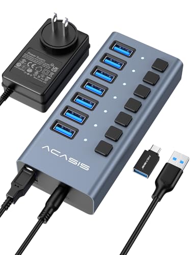 Powered USB 3.2 Hub, ACASIS 7 Ports USB 3.2 Hub with 10Gbps Data Speed, Aluminum Housing, USB Hub Powered with 24W Power Adapter, USB Hub for PC/Laptop, Computer, Flash Drive, Printer, Camera - size: 7 ports