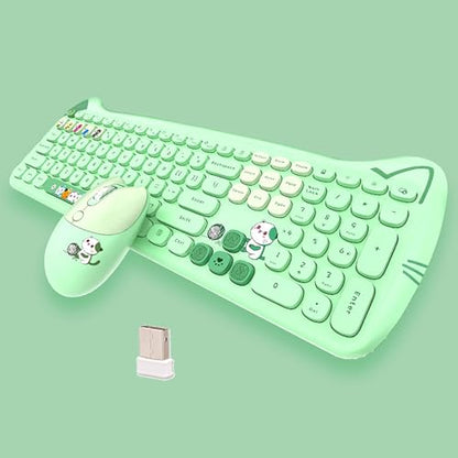 Cute Cat 2.4G USB Wireless Keyboard and Mouse Combo, Silent Keys, Candy Colors, Compatible with Notebook, PC (Green-110Keys) - color: Green-110Keys