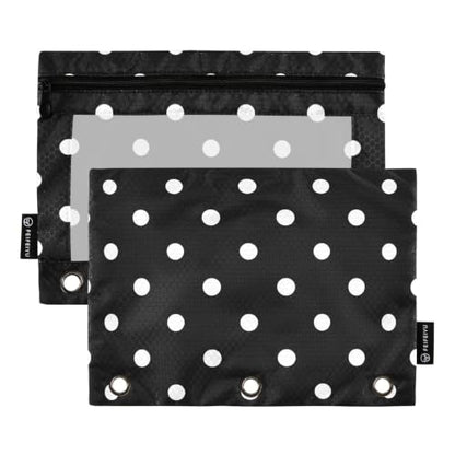 Binder Pencil Pouch for 3 Ring Binder Pencil Case Bags Black Polka Dots with Zipper Clear Window 2 Pack - color: Black Polka Dots