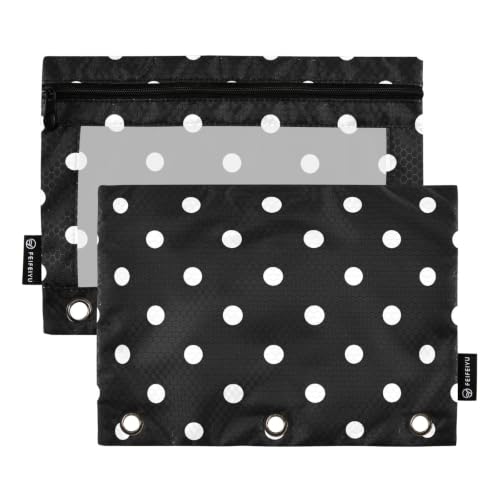 Binder Pencil Pouch for 3 Ring Binder Pencil Case Bags Black Polka Dots with Zipper Clear Window 2 Pack - color: Black Polka Dots