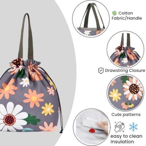 Double-Handle Lunch Bag, Insulated Waterproof Reusable Tote for Women/Students, Fits 2 Bento Boxes + Water Bottle - Ideal for School/Office/Picnic (Sunflower) - color: Sunflower