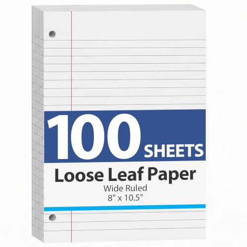 HIBOX 100 Sheets Loose Leaf Paper, 8 x 10-1/2 Inch, 3 Hole Punched Wide Ruled White Filler Notebook Paper for 3 Ring Binders, Ideal for School Notes, Organizing Classwork, School Supplies - color: White