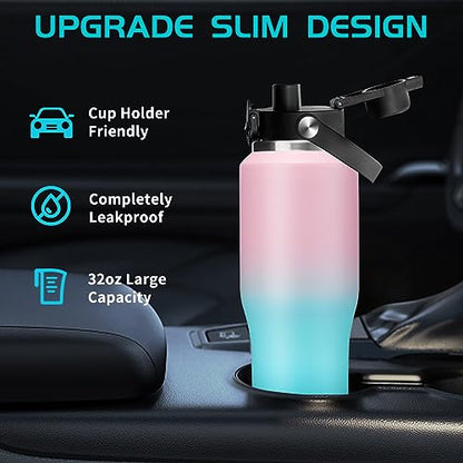 Stainless Steel Water-Bottles Fits in Cup Holder - 40 oz Water Bottle with Straw & Sleeve, Keeps Cold 48h/Hot 24h, Tumbler with Handle for Women & Men - color: Pink&Green, size: 32 Ounces