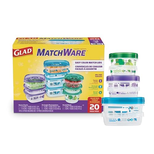 Glad GladWare MatchWare Food Storage Containers with Lids, BPA Free Reusable Plastic 20 Piece Variety Pack for Lunches, Meal Prep, and Leftovers, Leak Resistant, Microwave and Dishwasher Safe - size: 20 Count (Pack of 1)