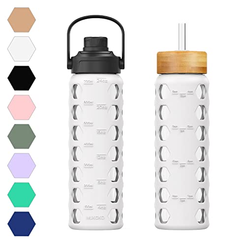 MUKOKO 24oz Glass Water Bottle, White | Glass Tumbler with Straw, Drinking Bottles with 2 Lids-Handle Spout Lid & Bamboo Straw Lid, Silicone Sleeve, 1 Pack - color: White, size: 24 Ounces